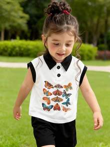 Young Girl Casual Cute Butterfly Pattern Print Polo Neck Tank Top, Spring/Summer New Arrival - White - View 1