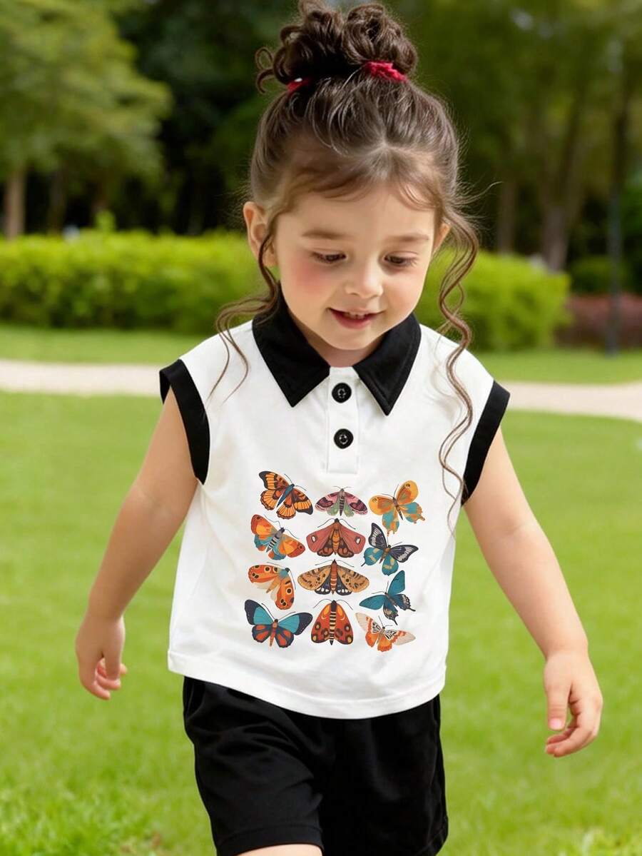Young Girl Casual Cute Butterfly Pattern Print Polo Neck Tank Top, Spring/Summer New Arrival - White - View 1