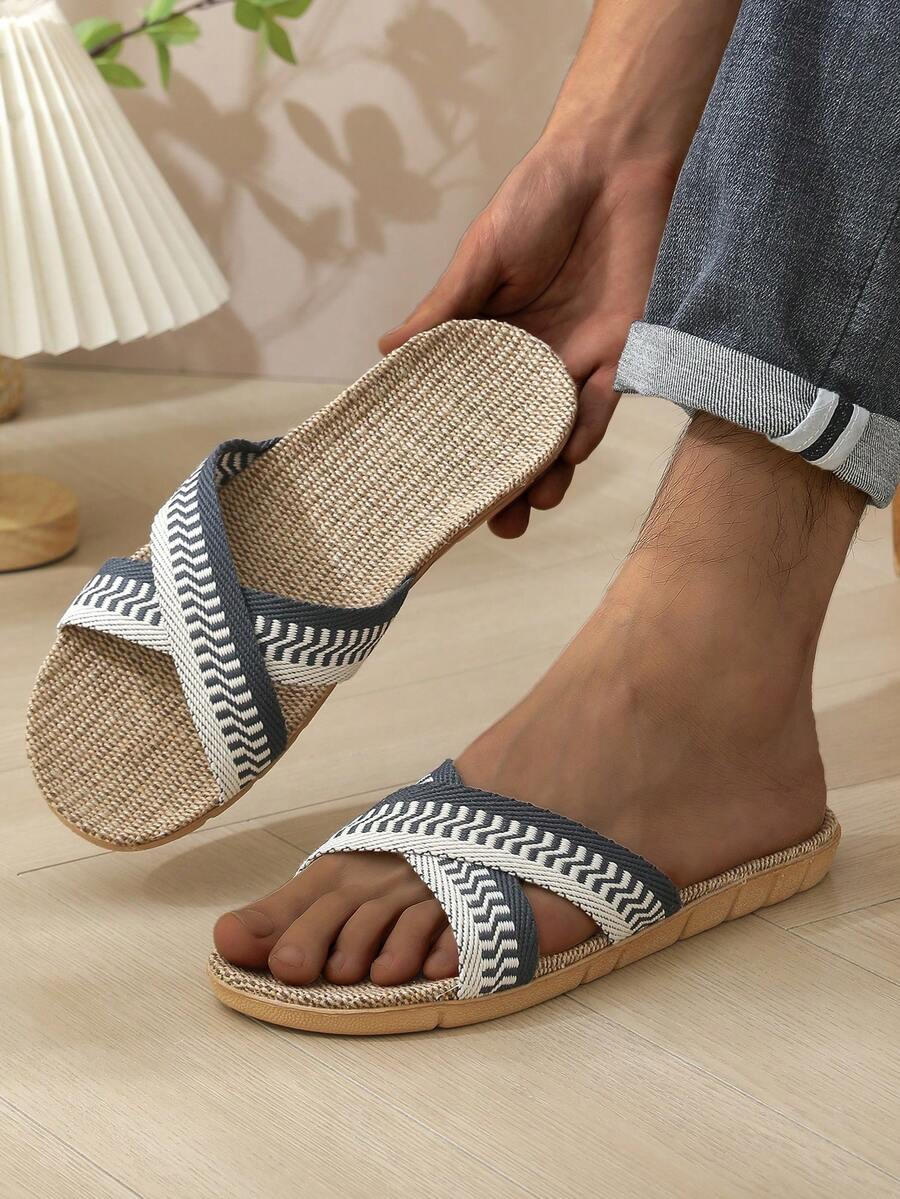 Men's Linen Slippers, Simple & Versatile, Quiet Indoor Slippers - Blue - View 1