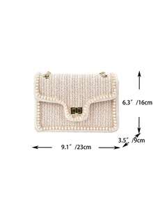 这款新款时尚优雅的珍珠编织女士小方单肩包，适合派对、购物、日常通勤、白领女性等各种场合，也可作为礼物赠送，是夏季度假必备的女士包袋，藤编材质。 - 米色 - 查看 3