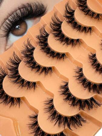 7对自然短款浓密蓬松卷翘仿貂毛假睫毛，8D长卷持久假睫毛，打造狐狸眼提拉效果，适合派对、婚礼等场合，可重复使用。