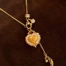 1pc New Luxury Mythical Heart Moon & Detachable Heart Pendant Necklace, Eid Mubarak - Multicolor - View 6