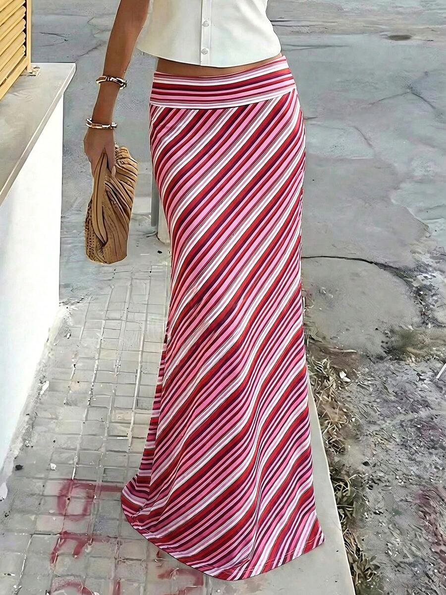 New Stylish Elegant Knitted Fabric Printed Striped Maxi Skirt, Suitable For Beach, Holiday, Daily Wear, Travel Spring - Red - View 1