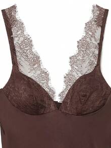 DEEKA Women's Fashionable Sexy Lace Satin Blouse, Spring/Summer - Brown - View 3