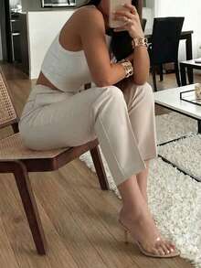 Elegant Office Lady Pleated Side Pocket Slim-Fit Pants For Women