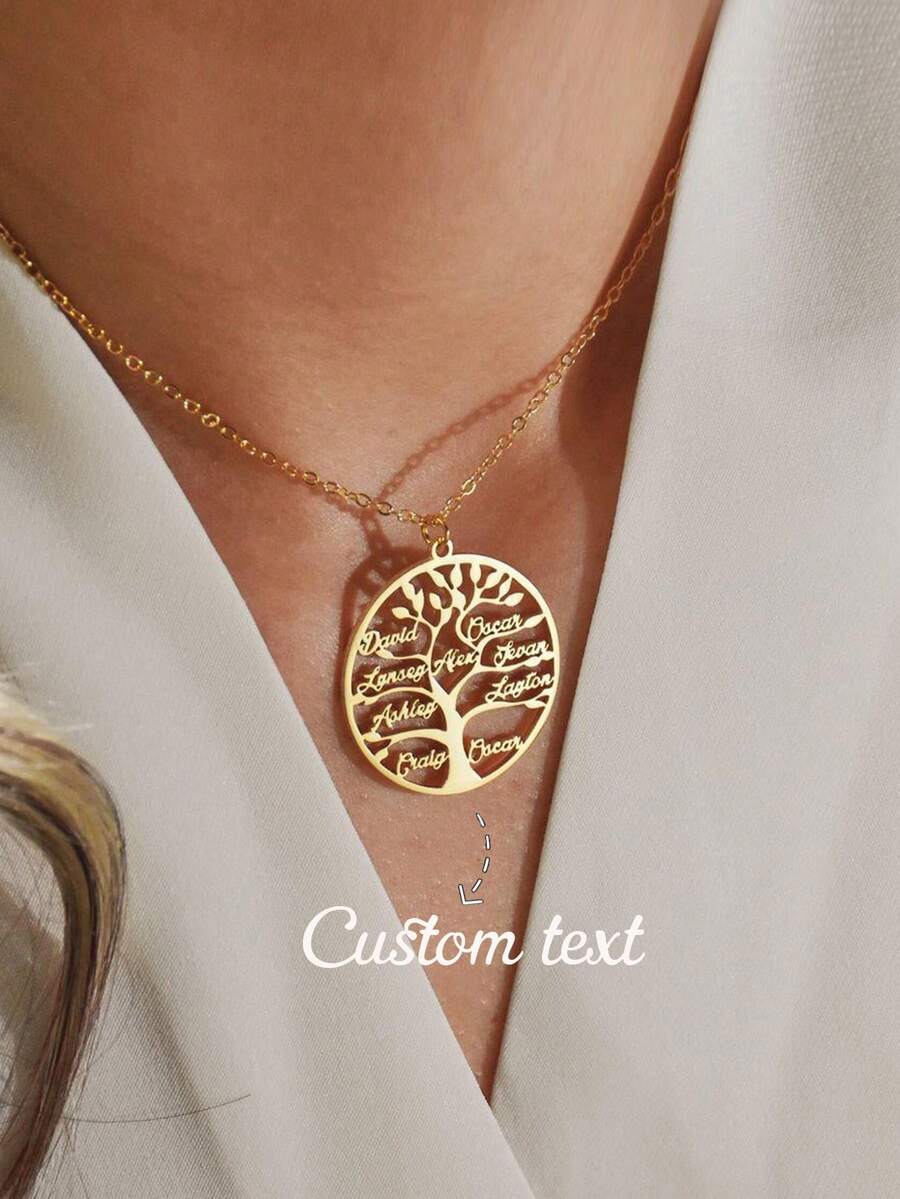 定制生命树项链，可刻1-8个名字，不锈钢材质，适合作为送给妻子、母亲、祖母的家庭成员姓名珠宝礼物。
