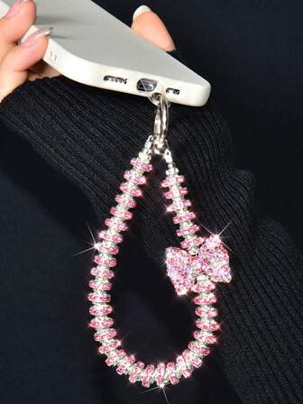 1pc Luxury Rhinestone Bowknot Phone Lanyard Chain, Sturdy Wrist Strap With Clip For Phone Case, Keychain Charm
