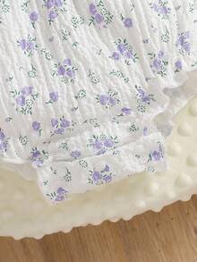 女婴可爱碎花圆领荷叶边纹理面料连体衣和发带套装，夏季 - 紫丁香色 - 查看 8