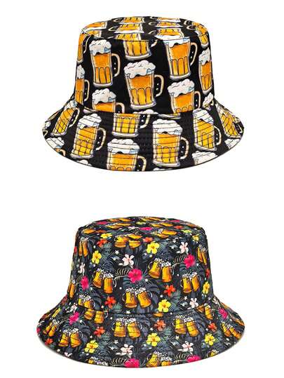 1pc Beer Print Reversible Outdoor Bucket Hat, Suitable For Parties, Travel, Vacation, Sun Protection, Beach