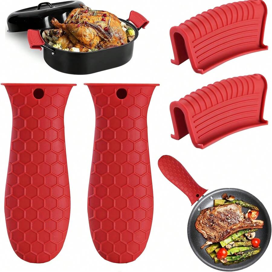 Silicone Pot Holders Set Of 4 Silicone Heat-Resistant Handle Covers, Cast Iron Handle Covers, Silicone Pot Holders, Cast Iron Skillet Pads, Cast Iron Pot Handle Covers, Non-Slip Pot Handle Covers, Suitable For Cast Iron Pots, Clay Pots, Woks, Frying Pans, And Flat Pans. - Multicolor - View 1