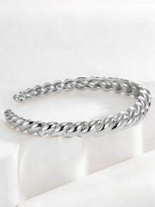 Charm-In Women's Gold-Plated Braided Texture Open Bangle, Fashion Jewelry For Daily Outfit, Party Accessories, Great Gift For Girlfriend, Best Friend, Holiday - Silver - View 3