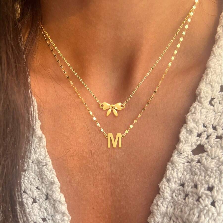 2件套新款时尚蝴蝶结字母吊坠金色不锈钢唇链多层颈链女士项链