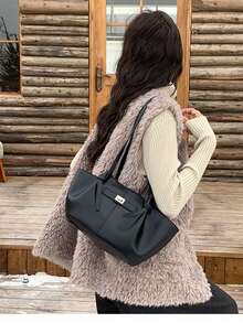 时尚大容量梯形设计奢华PU皮革女士单肩包，设计师款别致锁扣手提包，高品质腋下包 - 黑色 - 查看 2