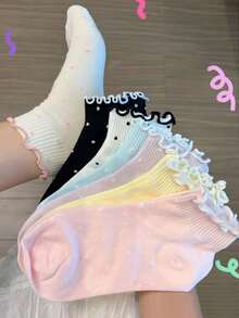7 Pairs Random Women's Ruffled Polka Dot Short Socks, Sweet JK Style Ruffle Hem Mid-Calf Socks, Comfortable Breathable Casual Daily Wear - Multicolor - View 5
