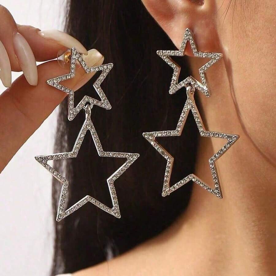 Free Shipping MyDear 1 Pair Fashionable Crystal Pentagram Pendant Earrings, Suitable For Women's Everyday Wear - Bạc - Xem 1