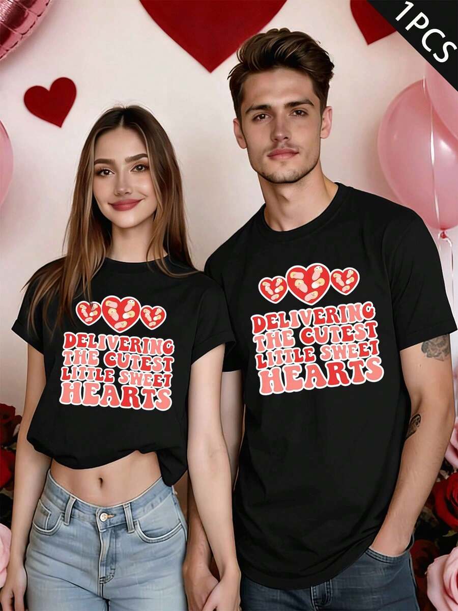 Camiseta con motivo de corazón para parejas, otoño, algodón premium, corte cómodo, transpirable, informal, estampado llamativo. - HombresNegro-1PC - Ver 1