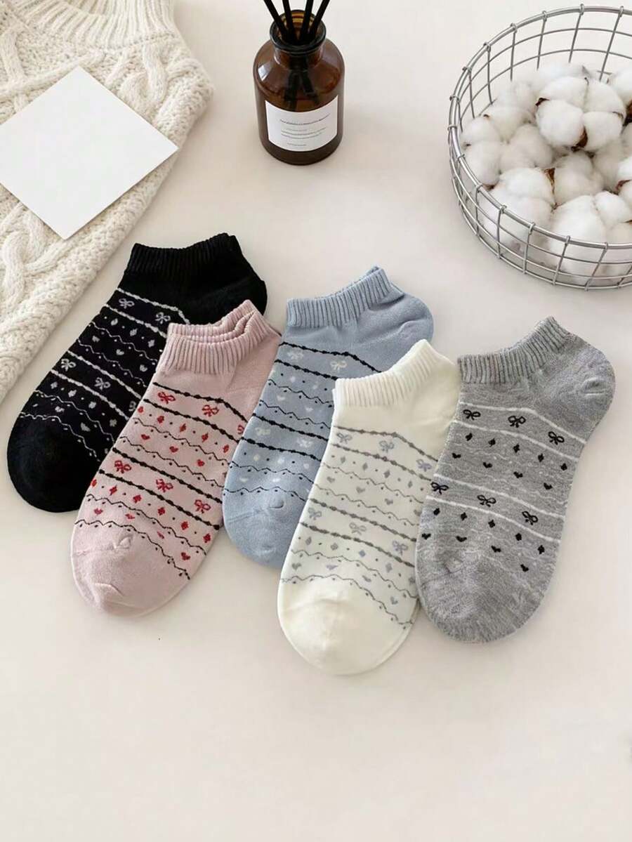 5 Pairs Random Spring/Summer Fair Isle Bow Accent Ankle Socks For Women, Non-Slip - Multicolor - View 1