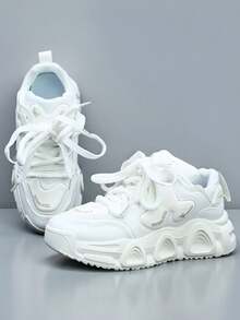 Men's Casual Sports Shoes, Fashion New Versatile Men's Bread Shoes, Comfortable Lightweight Thick Sole Non-Slip Lace-Up Sneakers, Suitable For Campus, Teenagers, Students, Color Block Casual Shoes With Comfortable Leather Lining And Low-Top Lace-Up Design - White - View 3