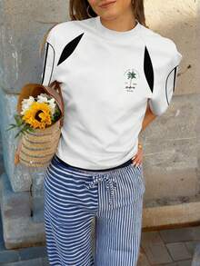 Palm Tree Print Short Sleeve T-Shirt, Women's Fashion Graphic Tee, Retro Summer Top - Black and White - View 3