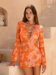 Conjunto de bikini de mujer con halter de alta elasticidad, con detalle de cordón y estampado floral sexy, traje de baño con abertura alta, esencial para vacaciones de verano en la playa - Naranja - Ver 3