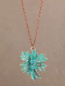 1pc Fashion Distressed Vintage Green Leaf Pendant Necklace, Women's High-End Style Synthetic Rhinestone Leaf Pendant Necklace - Red Copper - View 10