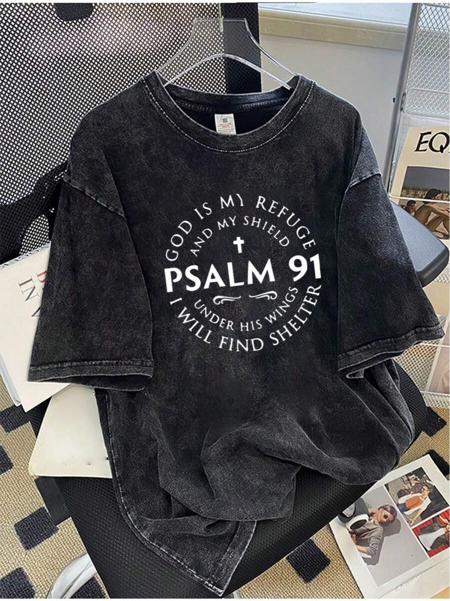 Men's Heavyweight 230g T-Shirt - Retro Religious Bible Verse Pattern Short Sleeve Shirt (Psalm 91), Loose Round Neck Black/White - Machine Washable Christian Clothing, Suitable For Daily And Formal Occasions, Faith Theme Fashion, Classic Round Neck Design, Durable Fabric, Plus Size Comfortable Soft Breathable Top - màu đen - Xem 1