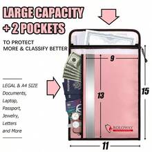 Bolsa de documentos ignfuga 15 x 11 pulgadas con 2 bolsillos y cierre impermeable, bolsa de dinero ignfuga, bolsa segura contra incendios con tira reflectante, sobre ignfugo para