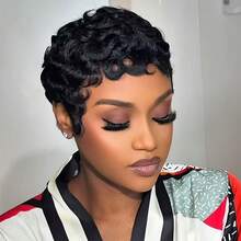 250Density 13x4 Lace Short Bob Pixie Cut Wigs For Women 13x4 Lace Front Curly Human Hair Wigs Pixie Cut Human Hair Wigs Natural Black Short Curly Human Hair Wig Short Layered Brazilian Virgin Human Hair Gluless Wigs - Natural Black - 查看 6