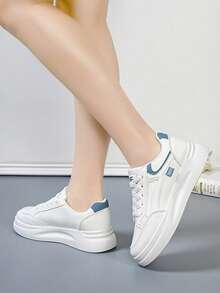 2026新款春秋时尚休闲百搭厚底系带白色厚底运动鞋，防水，女士滑板鞋 - 白藍 - 查看 5