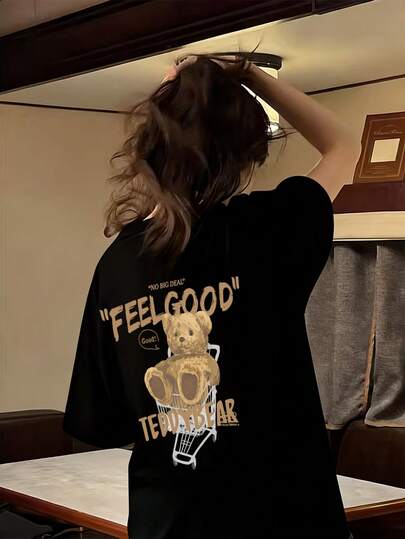 卡通印花短袖T恤，女士新款夏季圆领宽松休闲修身黑色上衣