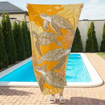 1pc Oversized Microfiber Beach Towel | Soft, Lightweight, Portable, Sand-Free, With Turtle And Floral On Orange Background, Ideal For Travel, Picnics, Beach, Camping, Modern Bathroom, Hot Spring, Swimming, And Outdoor Adventures, Perfect Birthday Christmas Mother's Day Gift Size