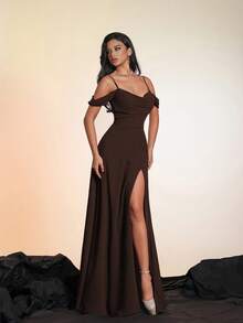 Đầm maxi dự tiệc Smilprince màu trơn, xẻ cao, hở vai, thích hợp làm đầm phù dâu, đầm cưới mùa xuân. - màu nâu - Xem 3
