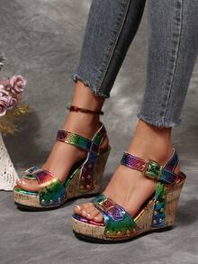 Damen Sommer Plateau Schnallen Nieten Sandalen, Große Größen offene Zehe Keilabsatz Plateau Sandalen - Buntes Schlangenleder - Übersicht 6