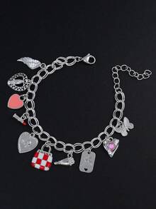 1pc Heart, Bag, Angel, Lipstick, Butterfly Multi-Pendant Bracelet, Suitable For Women's Daily, Date, Music Festival Wear, Holiday Gift - Silver - View 1