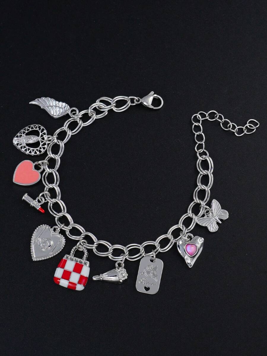 1pc Heart, Bag, Angel, Lipstick, Butterfly Multi-Pendant Bracelet, Suitable For Women's Daily, Date, Music Festival Wear, Holiday Gift - Silver - View 1