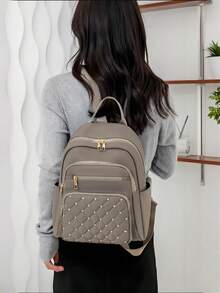 Casual Backpack For Women Vintage Fashion Backpacks Purse Solid Color Diamond Check Handbags Shoulder Bag 2026 - Màu Khaki - Xem 2