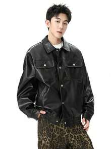 [¡Imperdible!​]Chaqueta de Caballero de la Carretera, de Otoño/High Street. Inspiración Moto USA, Piel Sintética (PU) Impermeable y Antimanchas, Corte Retro y Holgado, Ideal para Parejas - Un Ícono de Actitud Urbana - Negro - Ver 1