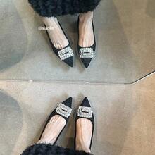 Zapatos de mujer elegantes de estilo francés que aumentan la altura, primavera 2025, punta afilada, hebilla cuadrada de rhinestone, zapatos planos de noche a juego - Plateado - Ver 5