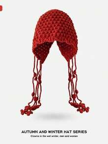 1顶女士针织帽，多功能流苏保暖头饰，复古红色头巾式帽子 - 彩色 - 查看 4