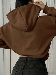 简约设计，女士舒适宽松长款纯色卫衣，适合秋冬季节，衣橱必备，休闲穿着，办公休闲两相宜，显瘦休闲上衣，柔软舒适，假日必备，女士春季服装，女士冬季服装，女士外套，时尚百搭，女士卫衣，咖啡棕色 - 咖啡棕 - 查看 2