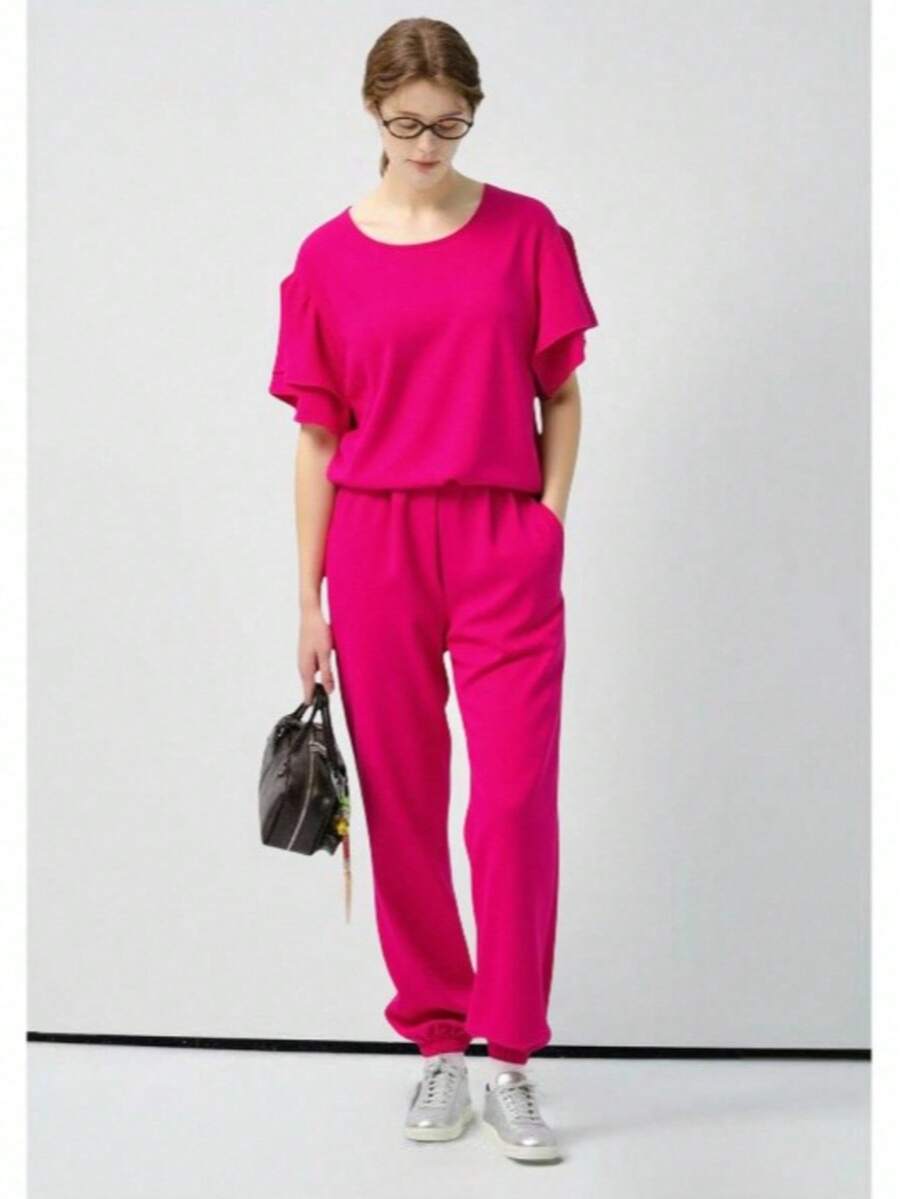Women's Duna Short Sleeve Jogger Pants Set - Summer Spring - Hot Pink - View 1