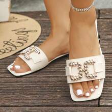 Sandalias planas con tiras y punta cuadrada con cristales para mujer (verano 2026), cómodas zapatillas de punta abierta. - Blanco - Ver 7