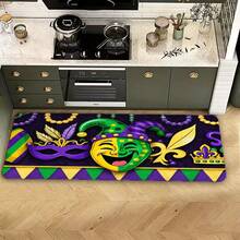 Mardi Gras Kitchen Mat - Colorful Jester Mask & Fleur-De-Lis Pattern, Purple Beads & Triangular Design, Non-Slip Washable Floor Mat For Kitchen Countertop Area, Fits White Tiled Floors - Idea - Multicolor - View 9