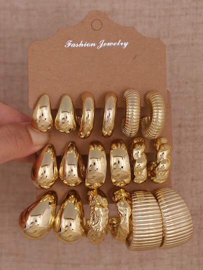 6-18pcs Gold Tone Fashion Earring Set For Women, Stylish & Elegant, Multiple Designs, Suitable For Various Outfits