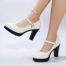 White Chunky Heeled High Heels With Buckle, Metallic Embellishments, Elegant Women's Shoes, Suitable For Everyday Commuting And Dates, Stylish And Fashionable Women's Shoes. - 白色 - 查看 1