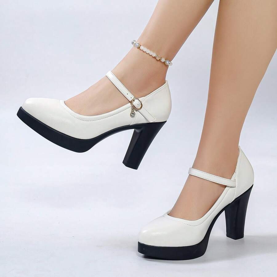 White Chunky Heeled High Heels With Buckle, Metallic Embellishments, Elegant Women's Shoes, Suitable For Everyday Commuting And Dates, Stylish And Fashionable Women's Shoes. - 白色 - 查看 1