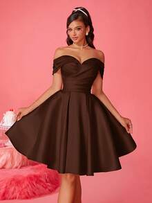 Elegant New Arrival Off-Shoulder Cinched Waist Cocktail Dress Wedding - Brown - View 5