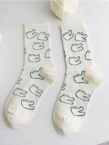 1双/5双装 女士可爱卡通鳄鱼线条画中筒袜，简约休闲时尚百搭，适合日常穿着，圣诞礼物 - 彩色 - 查看 5