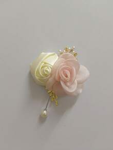 1pc Unisex Aesthetic Camellia Corsage Brooch With Cream White Rose And Gold Leaf Mori Style Beads, Suitable For Parents, Groom, Bride, Groomsman, Bridesmaid, Wedding Decoration, Evening Party, Ball, Party, Event, Cocktail, Gathering, Valentine's Day - 739 - Milky White + Pink - View 4