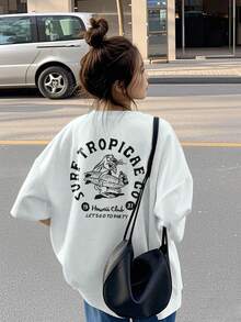 日系女式宽松圆领休闲美式卡通兔子印花短袖T恤，春夏款 - 白色 - 查看 2